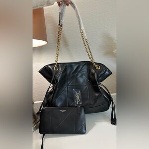 Saint Laurent Black Leather Shoulder Bag with Gold Chain